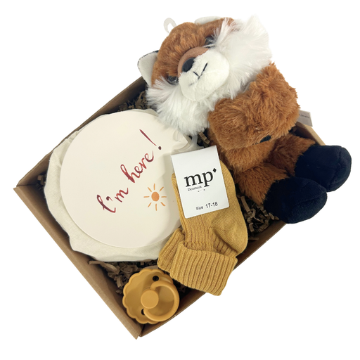 Sød barselsgave med milepælskort og ræve krammebamse