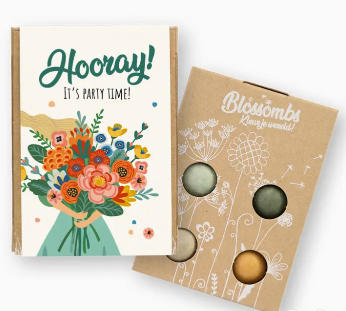Gaveæske "Hooray! It´s party time" med 4 blomsterbomber
